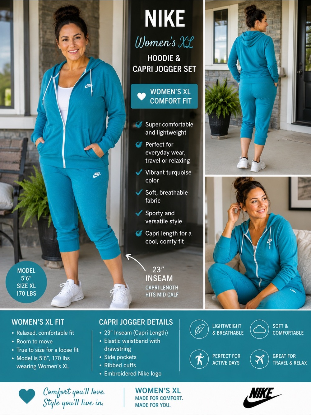 Nike womens XL turquoise zip up cotton hoodie with Capri joggers outfit
